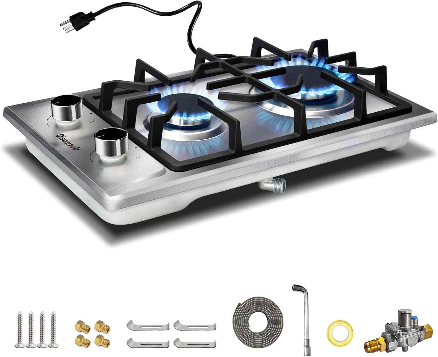 Disaenvir 2 Burner Propane Cooktop - 12 Inch Stainless Steel Gas Stove for LPG/NG Dual Fuel, Portable Gas Burner with Flame-out Protection for Apartment, Kitchen, RV, Indoor, Outdoor 110V Plug in