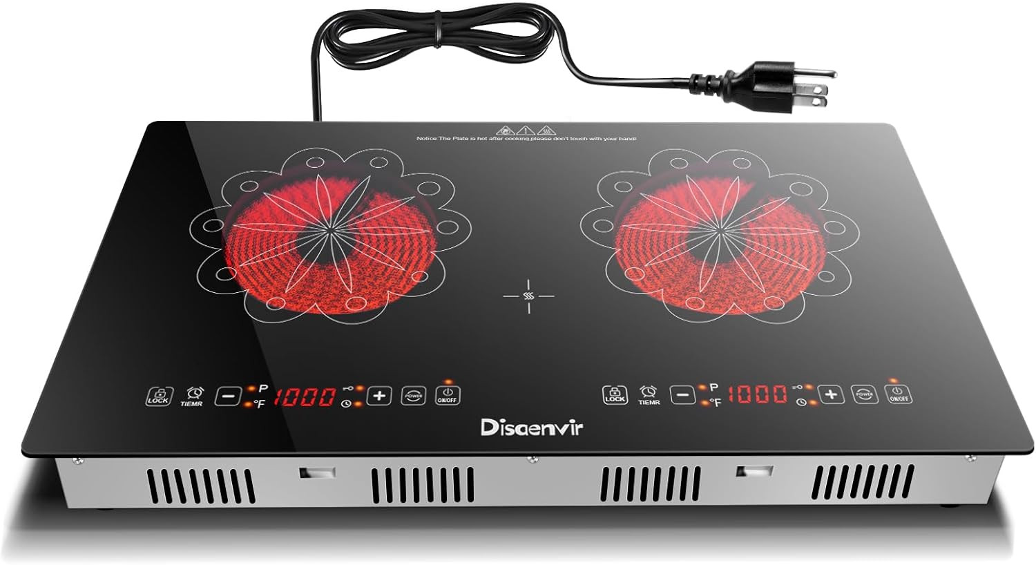 Disaenvir 2 Burner Electric Cooktop - 24 Inch Electric Stovetop Built-in and Countertop, Portable Double Burner Ceramic Cook Top with Child Lock, Timer, Sensor Touch Control, 110V - 120V Plug in