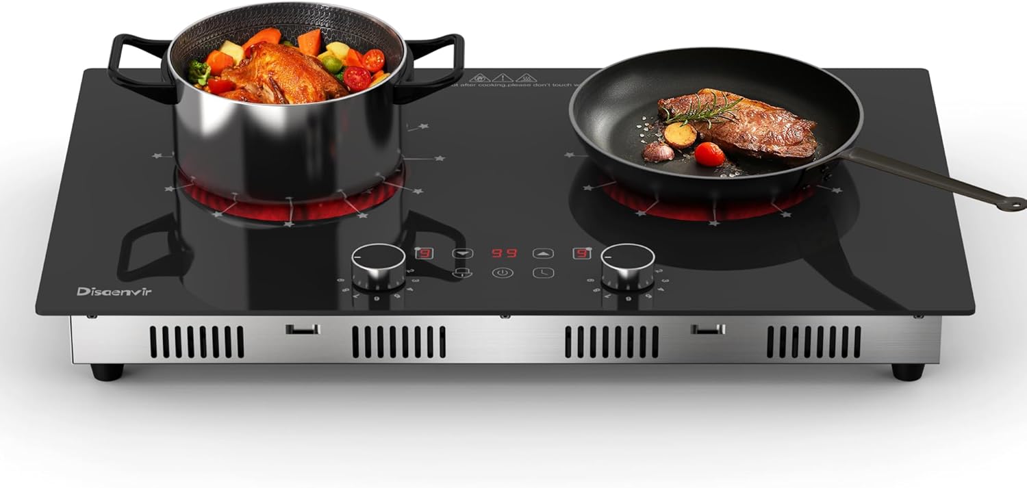 Disaenvir 2 Burner Electric Cooktop 110V - 24 Inch Ceramic Stove Top Countertop & Built-in, 2000W Two Burner Radiant Electric Cook Top with LCD Touch & Knob Control, Timer, Safety Lock, 120V Plug in