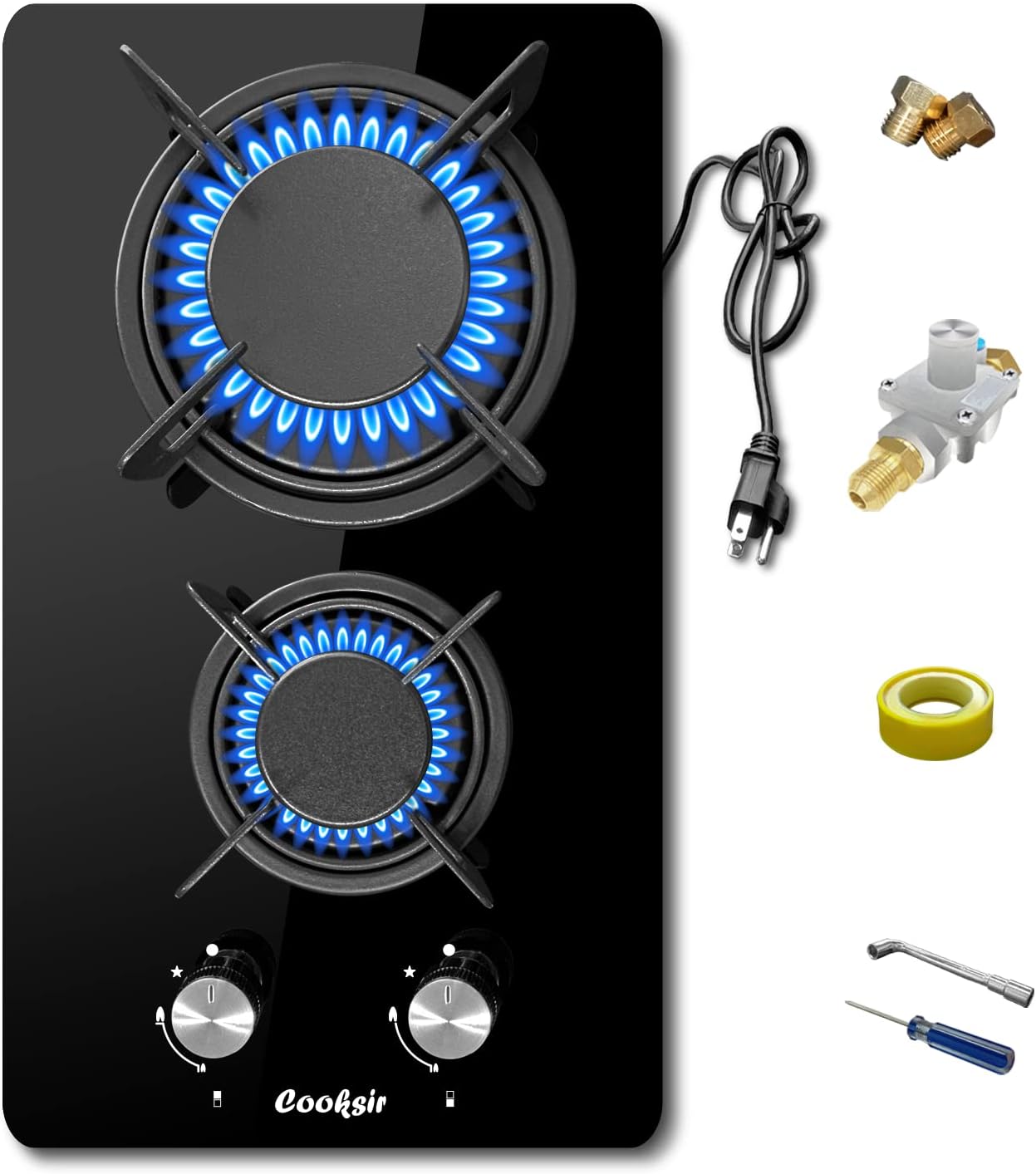 Cooksir 12 inch Gas Stove, 2 Burners Propane Cooktop Bulit-in, Indoor Gas Cooktop Suitable for Dual Fuel LPG/NG, Tempered Glass Gas Stove Top for Kitchen, Apartment, Indoor, 110-120V Plug in