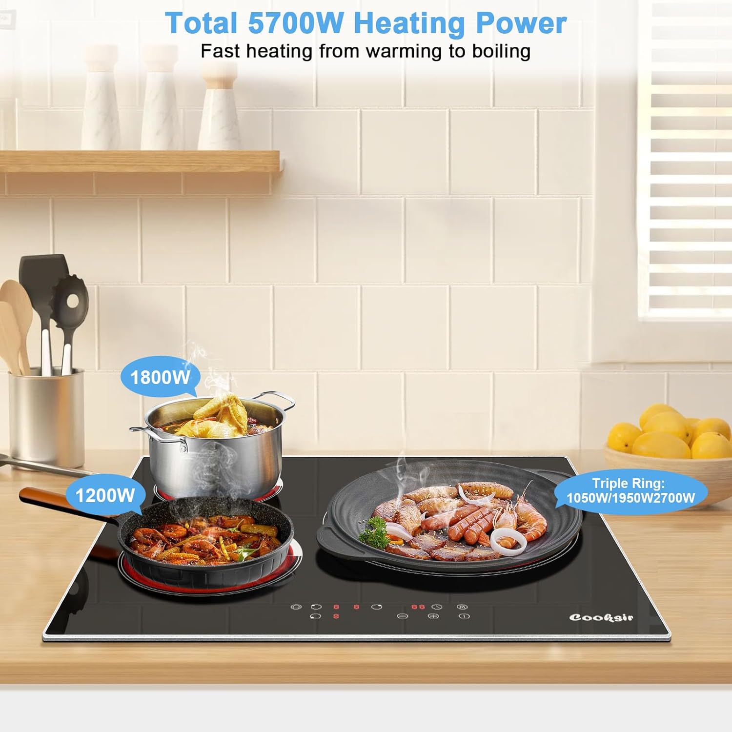 Cooksir 24 Inch Electric Cooktop, 3 Burner Built-in Ceramic Stove Top 220V-240V, 5700W Radiant Electric Cook Top with Touch Control, Timer, Safety Lock, 220V Hard Wired (No Plug)