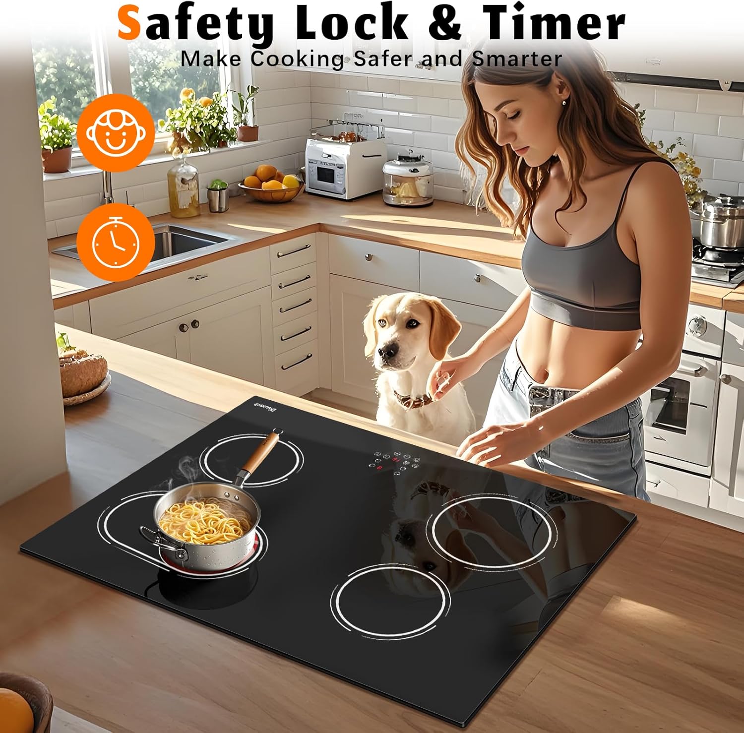 Disaenvir 30 Inch Electric Cooktop - 4 Burner Glass Electric Stovetop 6400W, 30 Inches Built-in Ceramic Stovetop with Timer, Safety Lock, Pause, Rual Ring, 220V - 240V Hard Wire (No Plug)
