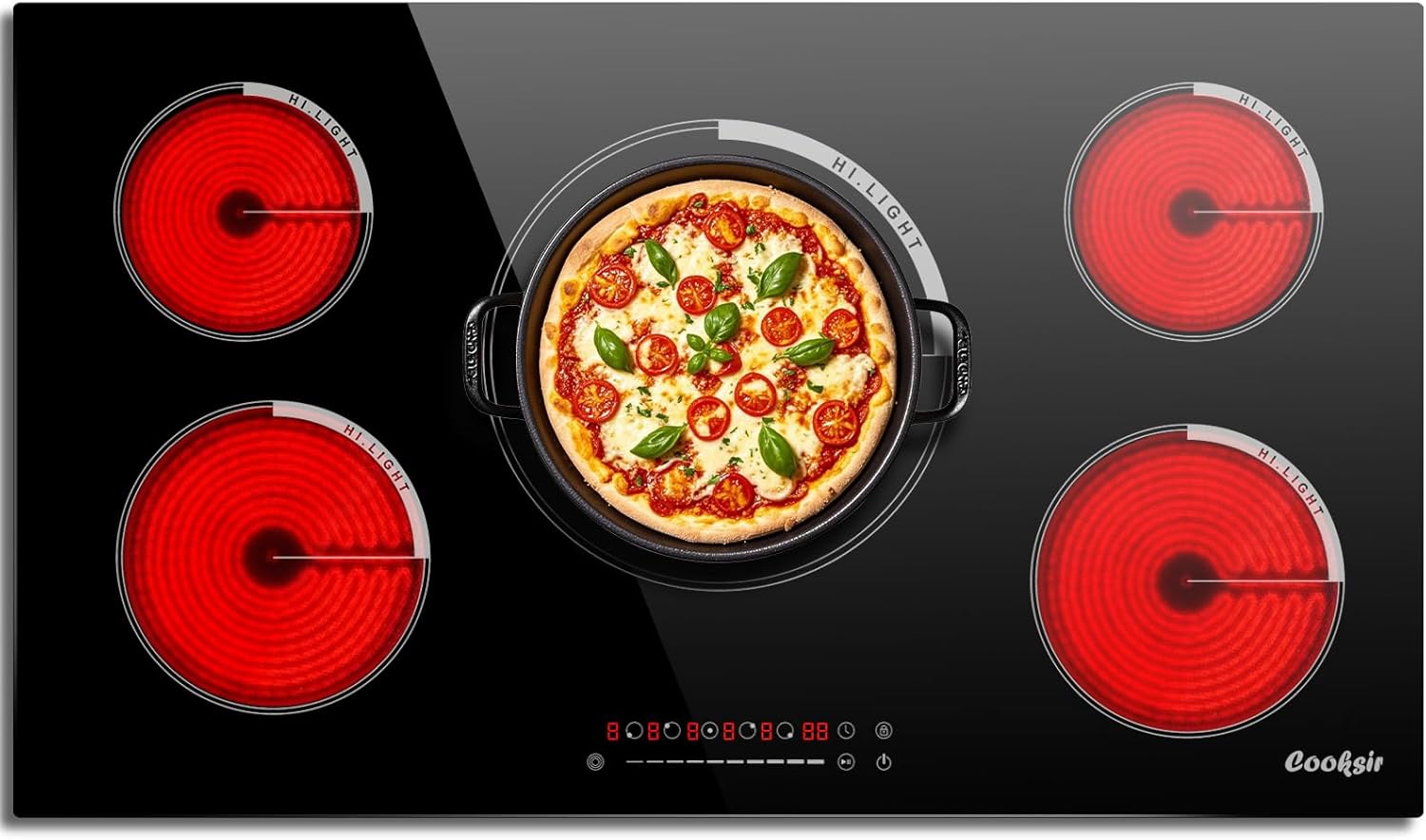 Cooksir 36 Inch Electric Cooktop - Built-in 36 Inch Electrical Stove 240V, 9200W Five Burner Ceramic Cooktop, Slide-Touch Control, Timer, Safety Lock, Electric Stovetop, 220-240V Hard Wired (No Plug)