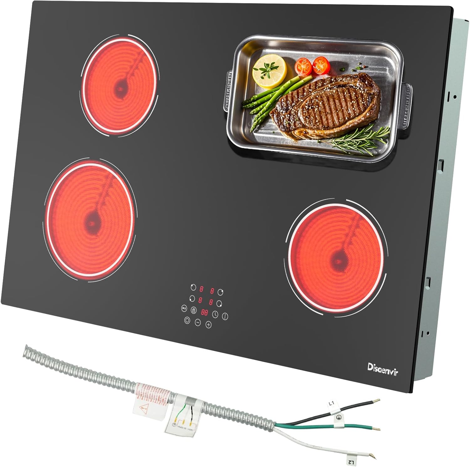 Disaenvir 30 Inch Electric Cooktop - 4 Burner Glass Electric Stovetop 6400W, 30 Inches Built-in Ceramic Stovetop with Timer, Safety Lock, Pause, Rual Ring, 220V - 240V Hard Wire (No Plug)