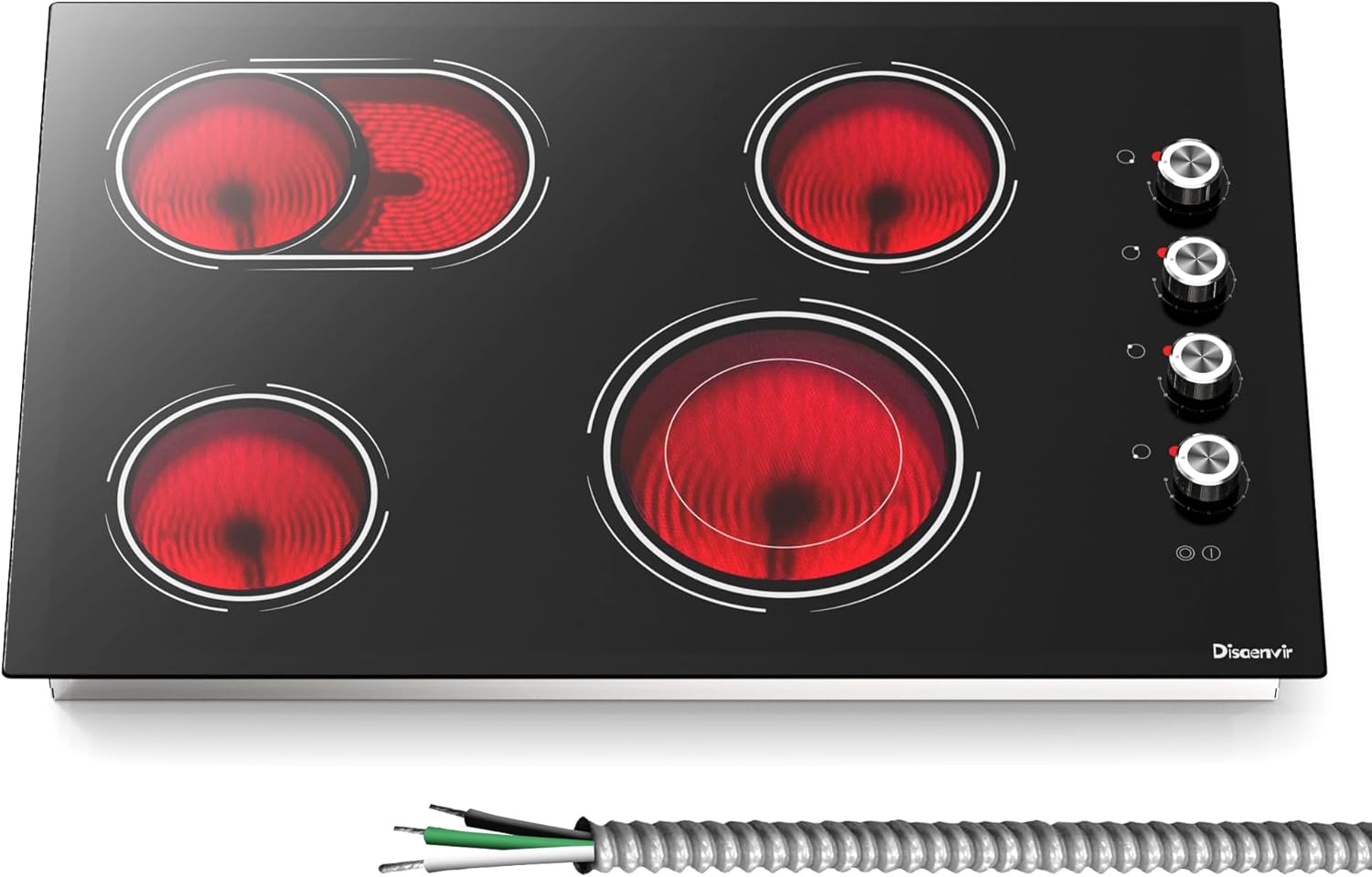 Disaenvir Electric Cooktop 30 Inch - 4 Burner Powerful Glass Electric Stove Top 6700W, 30 Inches Built-in Ceramic Stovetop with Dual & Expanded Ring, Knob Control, 220V - 240V Hard Wire(No Plug)