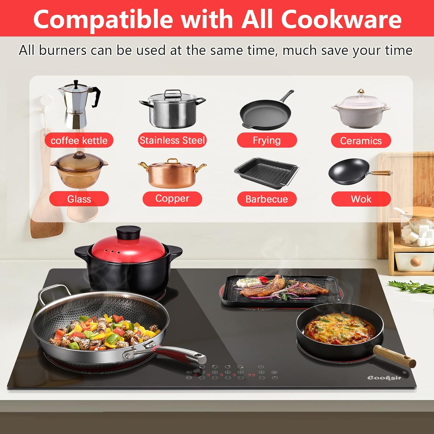 Cooksir 30 Inch Electric Cooktop 4 Burner - Built-in Electric Stovetop 30" 6600W, Radiant Ceramic Stove with Oval Zone, Dual Zone, Glass Metal Frame, Safety Lock, Timer, 220-240V Hard Wired (No Plug)
