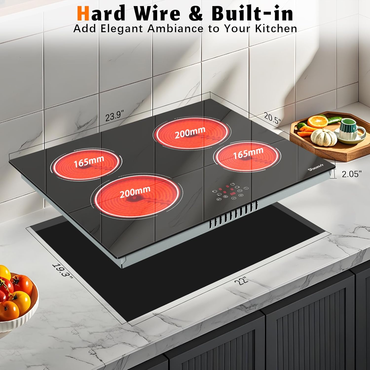 Disaenvir 24 Inch Electric Cooktop - 4 Burner Glass Electric Stove Top 6000W, 24 Inches Built-in Ceramic Stovetop with Timer, Safety Lock, Pause, Touch Control, 220V - 240V Hard Wire(No Plug)