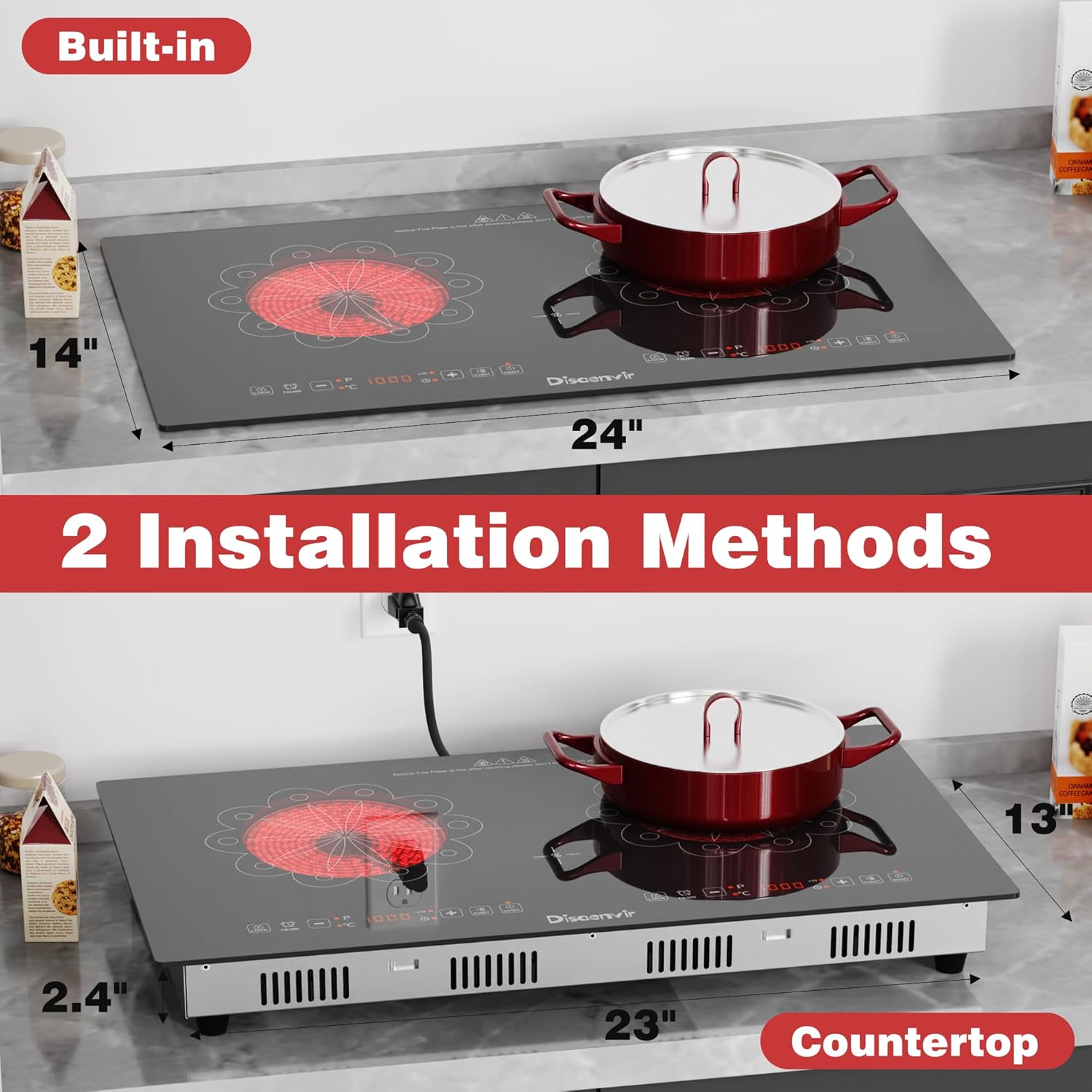 Disaenvir 2 Burner Electric Cooktop - 24 Inch Electric Stovetop Built-in and Countertop, Portable Double Burner Ceramic Cook Top with Child Lock, Timer, Sensor Touch Control, 110V - 120V Plug in