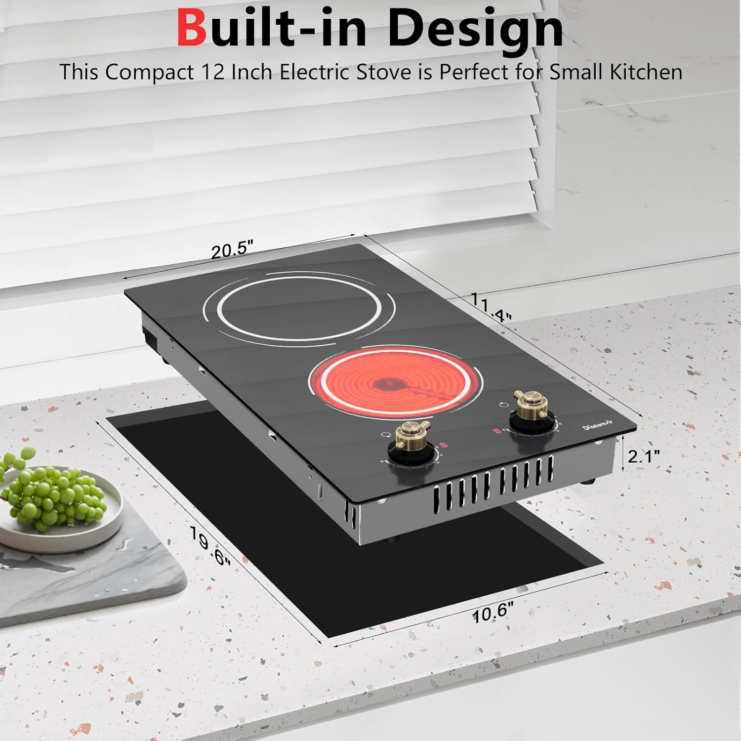 Disaenvir 2 Burner Electric Cooktop - 12 Inch Electric Stove Top 3000W, 220V Built-in Ceramic Cook Top with Retro Knob, 9 Power Heating Level, 220-240V Hard Wired