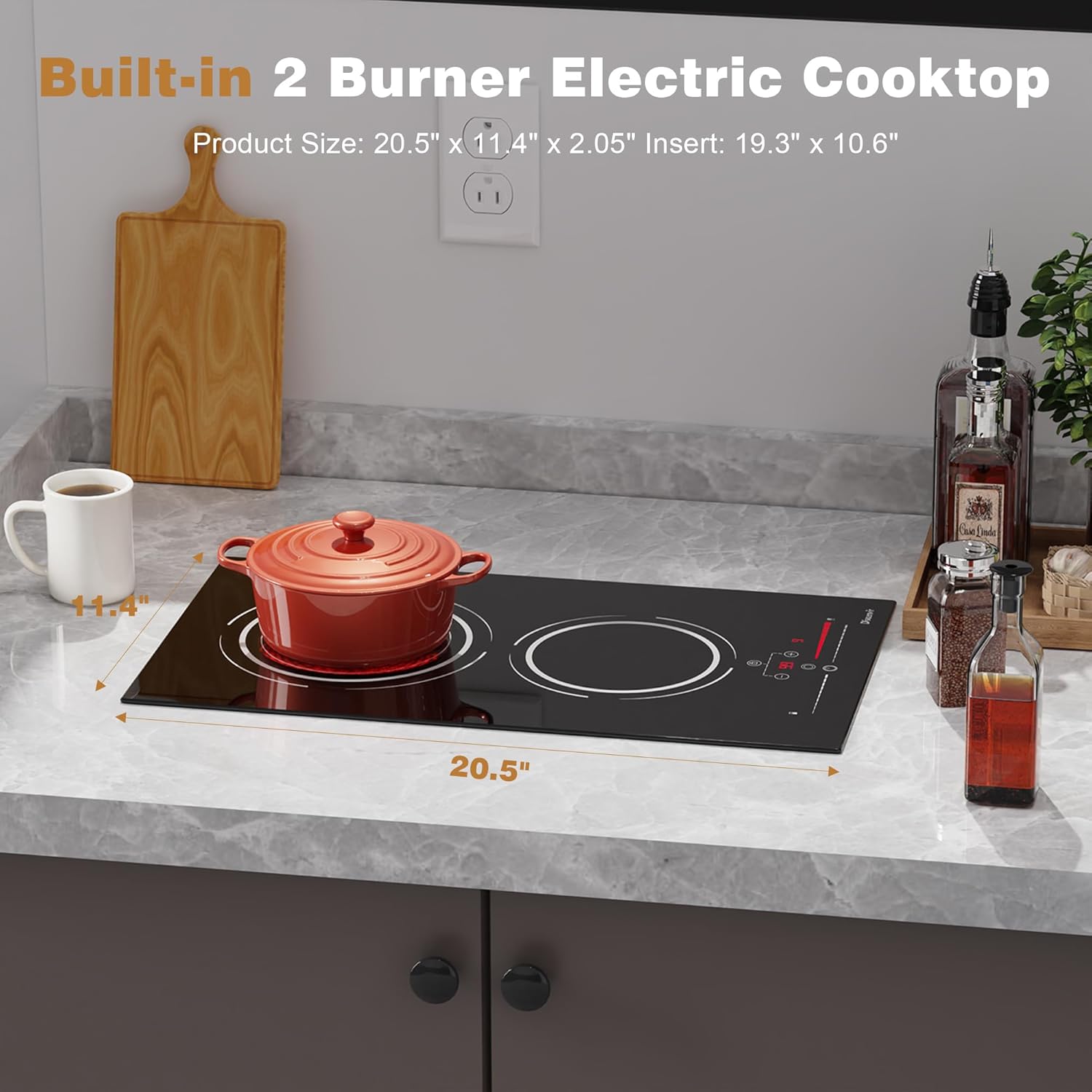 Disaenvir 2 Burner Electric Cooktop - 12 Inch Electric Stove Top 3200W High Power Built-in, Ceramic Cook Top with Child Safety Lock, 99 Min Timer, Slide Touch Touch, 220V - 240V Hard Wired (No Plug)