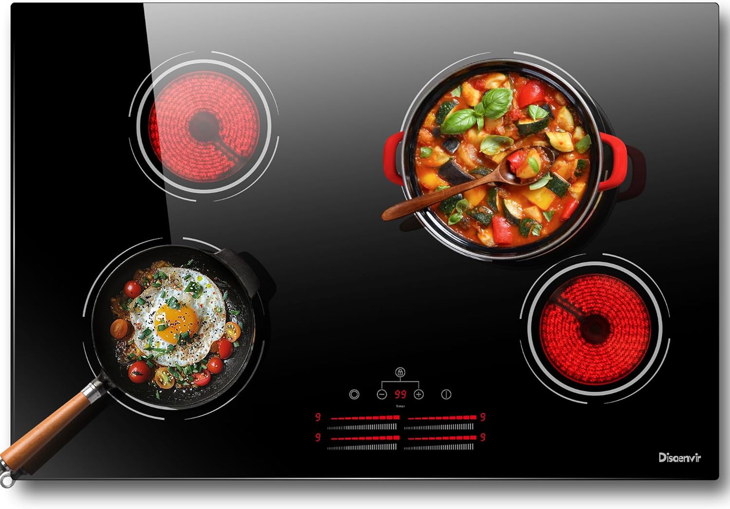 Disaenvir 4 Burner Electric Cooktop 30 Inch - Built-in Electric Stove Top 6500W High Power, Ceramic Cook Top with Safety Lock, 99 Min Timer, Dual Ring, Sensor Touch, 220V - 240V Hard Wired (No Plug)