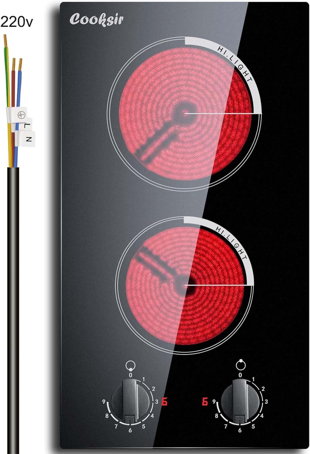 Cooksir 2 Burner Electric Cooktop - 12 Inch Built-in Electric Stove Top 3000W, Radiant Electric Stovetop with 9 Power Level, Knob Control, Auto Shut Down Protection, 220-240V Hard Wired (No Plug)