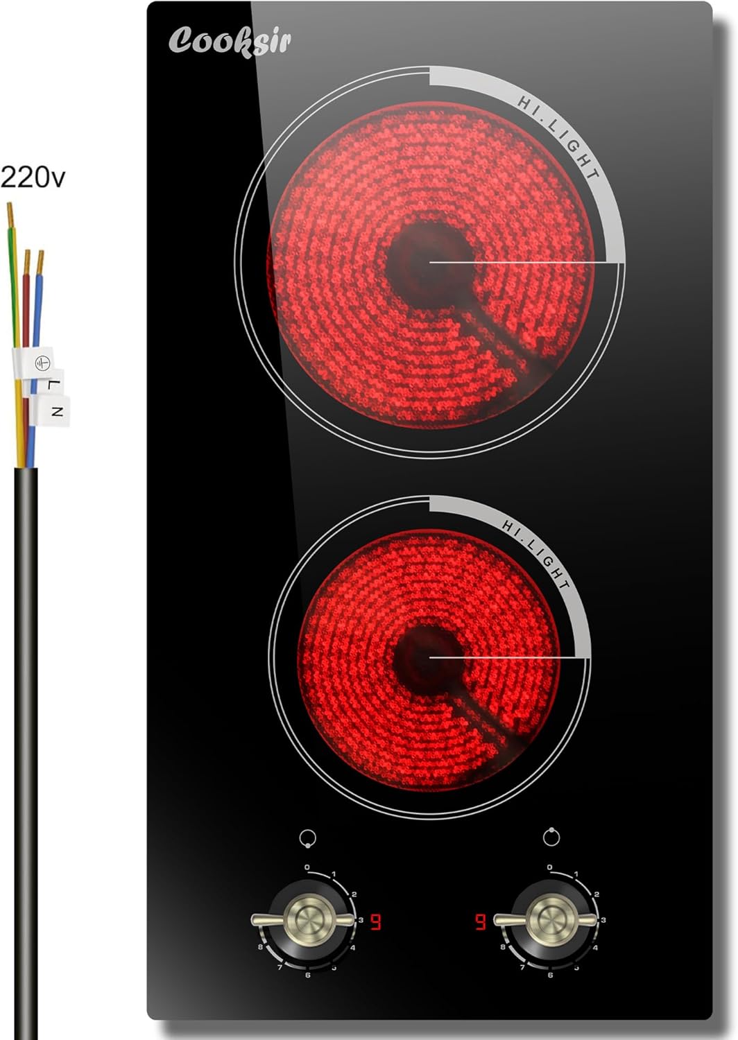 Cooksir 2 Burner Electric Cooktop 220V - Built-in 12 Inch Electric Stove Top 3000W, Ceramic Cook Top Radiant, 9 Power Heating Levels, Overheat Protection, Retro Knob, 220V - 240V Hard Wired (No Plug)
