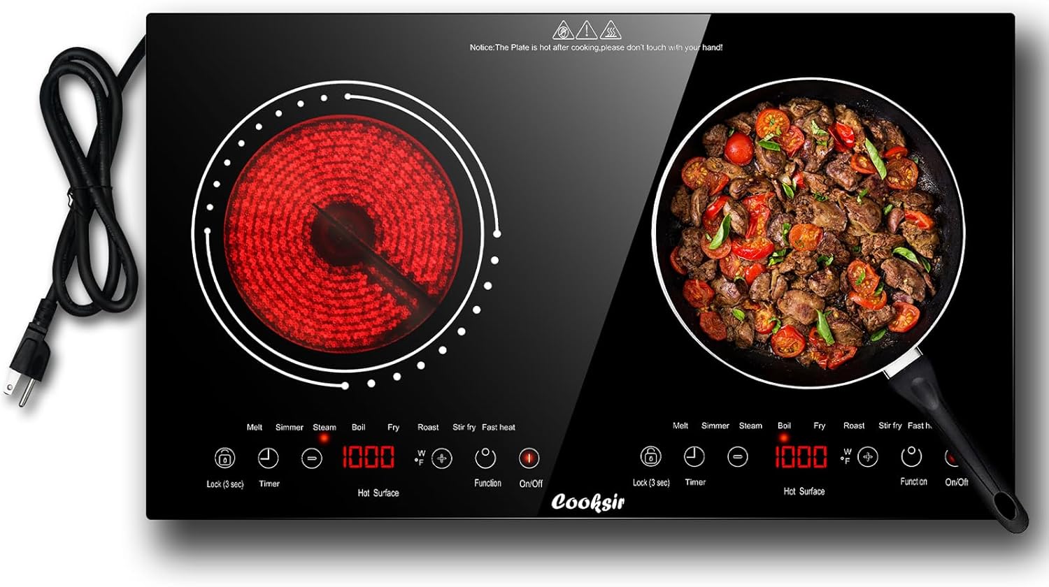 Cooksir 2 Burner Electric Cooktop - 24 Inch Built-in & Countertop Electric Stove Top, 110V-120V Double Burner Ceramic Cooktop Portable with Safety Lock, Timer, Sensor Touch Control, 110V Plug in