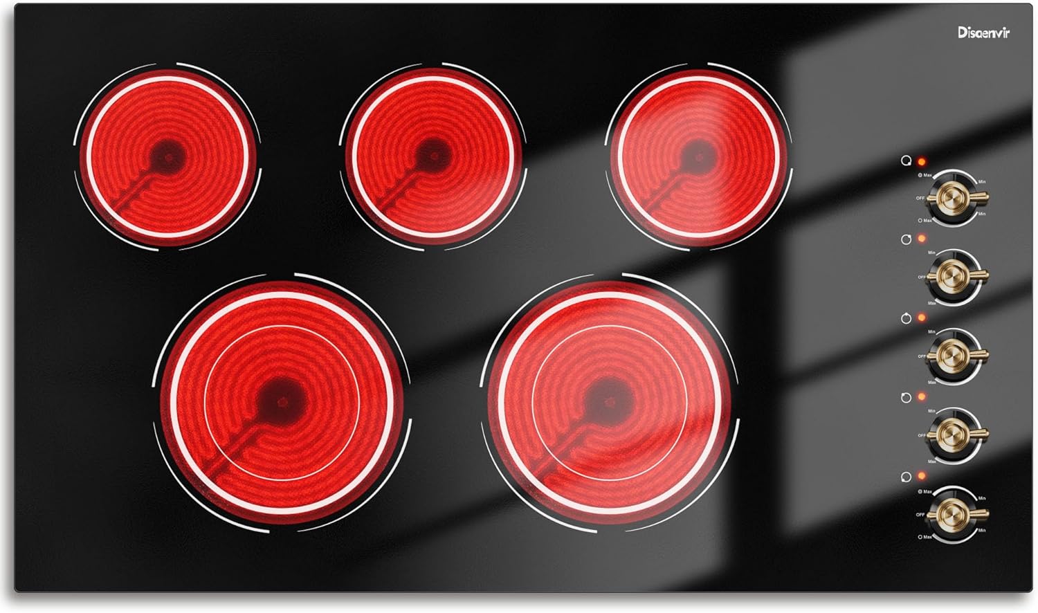 Disaenvir Electric Cooktop 36 Inch - 5 Burner Electric Stove Top with 8400W, 36 Inches Built-in Ceramic Stove with Two Dual Rings, Overheat Indicator, Knob Control, 220V - 240V Hard Wired (No Plug)