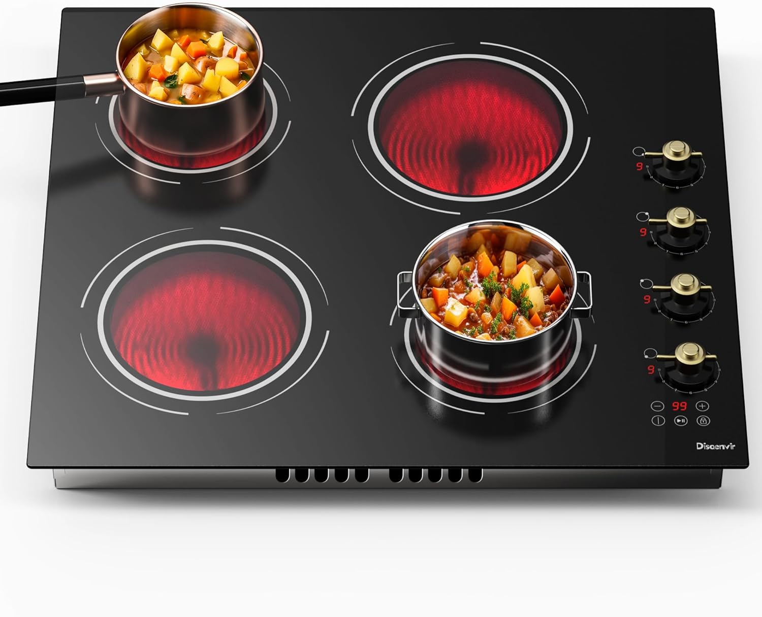 Disaenvir 24 Inch Electric Cooktop - 4 Burner Drop-in Glass Ceramic Stove Top 6000W, 220V Radiant Electric Stove, 9 Power Level, Pause Key, Safety Lock, Touch & Knob Control, 240V Hard Wired (No Plug)
