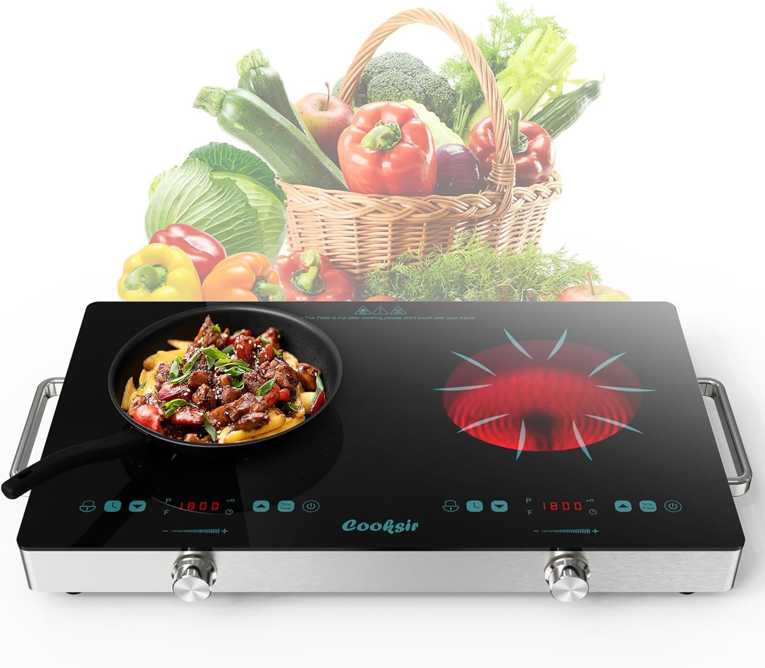 Cooksir 2 Burner Electric Cooktop - 24 Inch Portable Electric Stovetop 110V, 2000W Countertop Tow Burner Ceramic Cooktop with LCD Control Panel, Child Lock, Timer, Knob Control with Plug (Green)