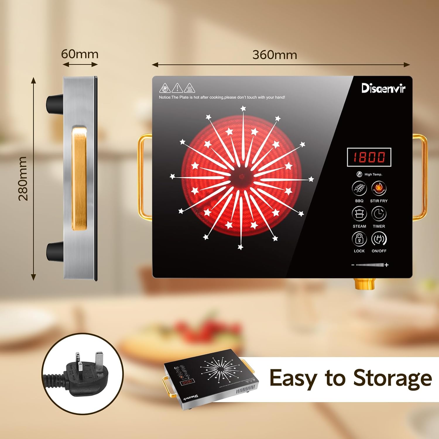 Disaenvir Single Burner Electric Cooktop - Countertop 1800W One Burner Electric Hot Plate, 110V Plug in Portable Stove with Timer, Safety Lock, Small Ceramic Stove for RVs, Apartment, Dorms, Camping