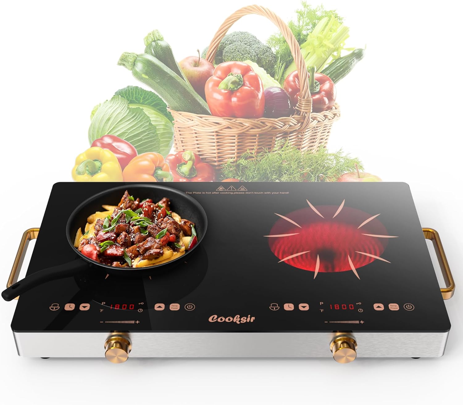 Cooksir 2 Burner Electric Cooktop - 24 Inch Portable Electric Stovetop 110V, 2000W Countertop Tow Burner Ceramic Cooktop with LCD Control Panel, Child Lock, Timer, Knob Control with Plug (Golden)