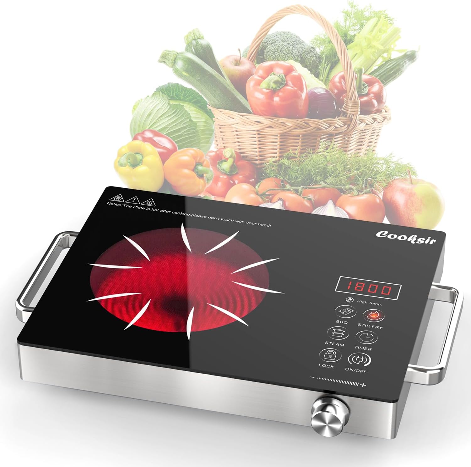 Cooksir Single Burner Electric Cooktop - 110V Portable One Burner Hot Plate 1800W, Countertop Electric Stove top for Home, Camping, RV, Timer, Child Lock, Steam, BBQ, Stir Fry, 110-120V Plug in