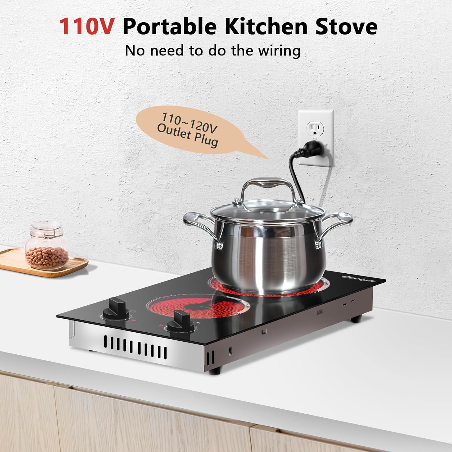 Cooksir 2 Burner Electric Cooktop - 110v Countertop and Built-in Electric Stove 2000W, 12 Inch Ceramic Stove with Residual Heat Indicator, Over-Temperature Protection, Knob Control, 110-120V Plug in
