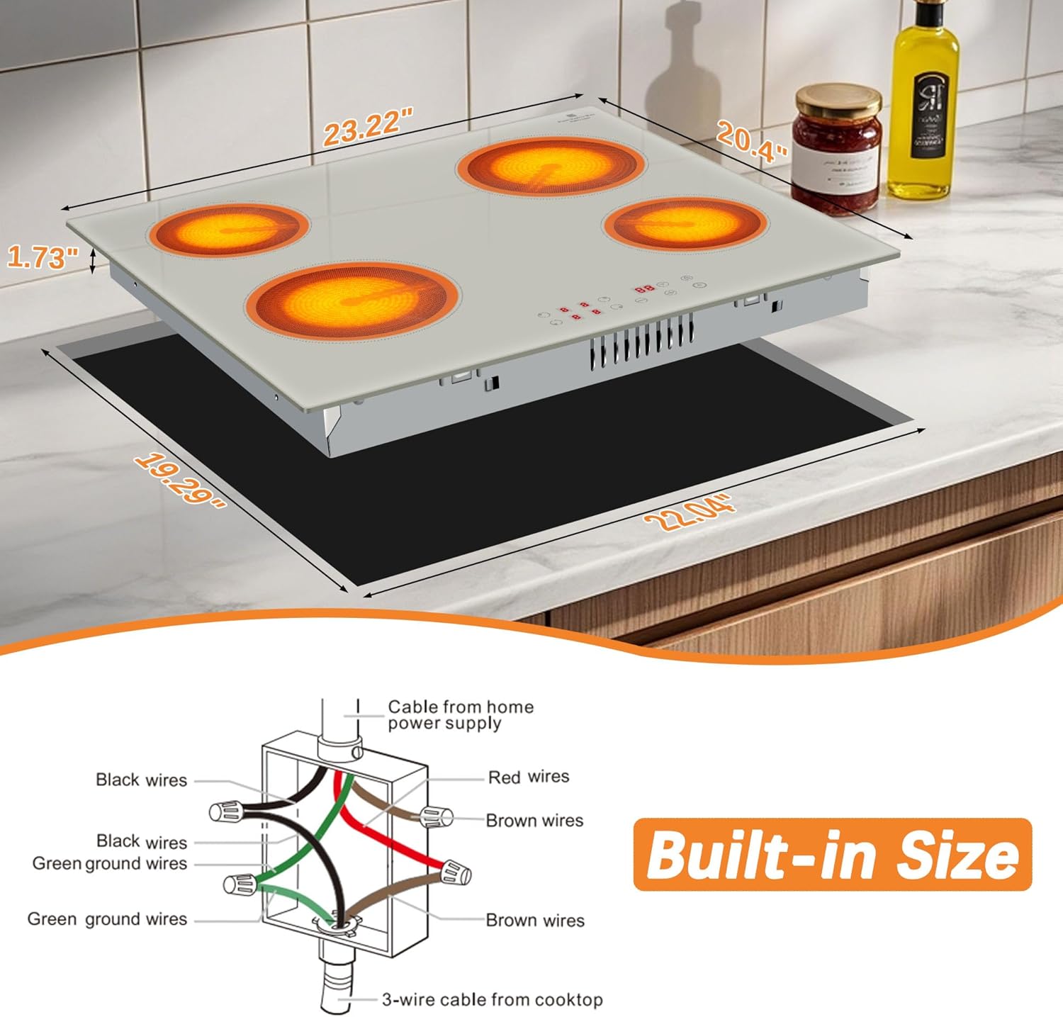 Cooksir 24 Inch Electric Cooktop - White 4 Burner Electric Cooktop Built-in 6000W, 24" Electrical Four Burner Stove Top Sensor Touch with 99-Min Timer, Safety Lock, 220-240V Hard Wired (No Plug)