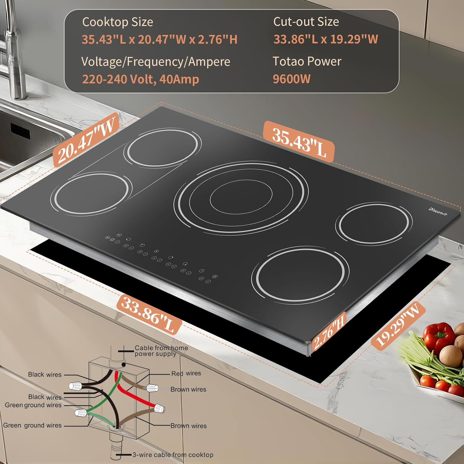 Disaenvir 36 Inch Electric Cooktop - 5 Burner Electric Stove Top Powerful 9600W, 36 Inches Built-in Ceramic Stove with Large 3900W Flexible Zone, Timer, Safety Lock, 220V - 240V Hard Wired (No Plug)