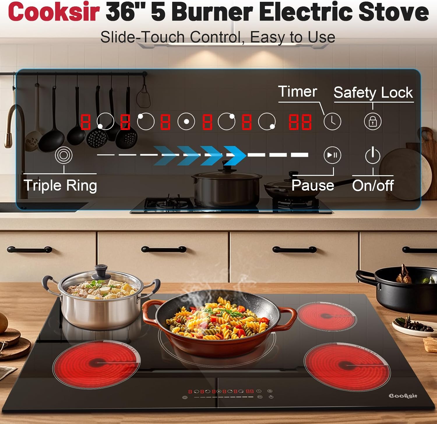 Cooksir 36 Inch Electric Cooktop - Built-in 36 Inch Electrical Stove 240V, 9200W Five Burner Ceramic Cooktop, Slide-Touch Control, Timer, Safety Lock, Electric Stovetop, 220-240V Hard Wired (No Plug)