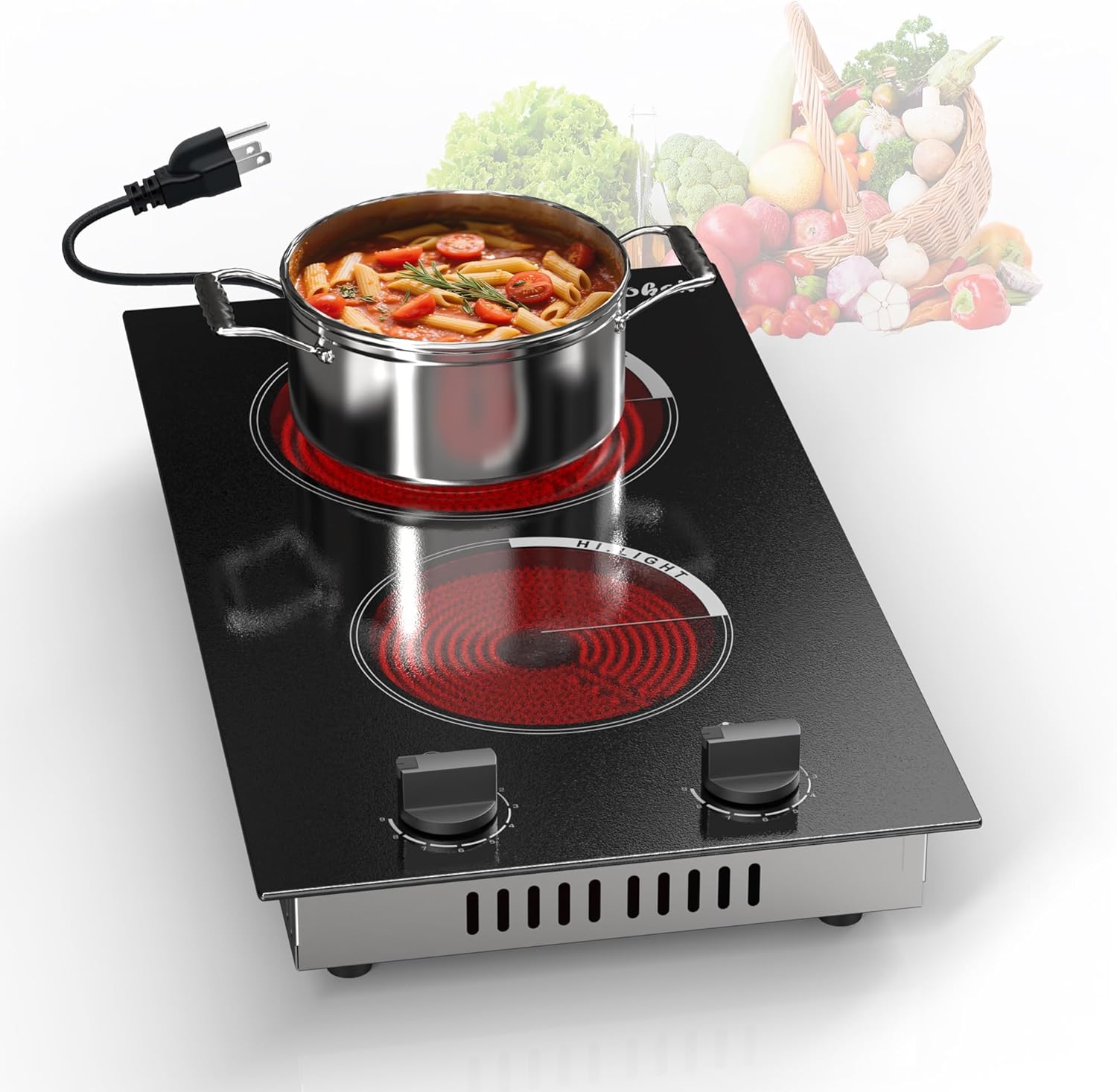 Cooksir 2 Burner Electric Cooktop - 110v Countertop and Built-in Electric Stove 2000W, 12 Inch Ceramic Stove with Residual Heat Indicator, Over-Temperature Protection, Knob Control, 110-120V Plug in