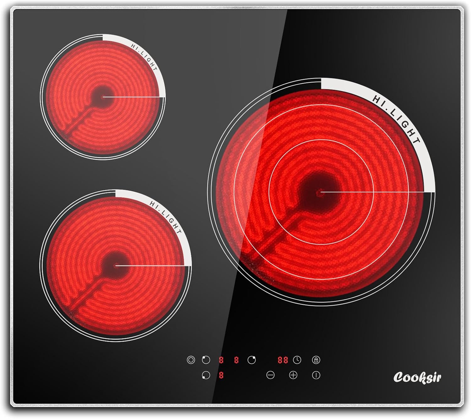 Cooksir 24 Inch Electric Cooktop, 3 Burner Built-in Ceramic Stove Top 220V-240V, 5700W Radiant Electric Cook Top with Touch Control, Timer, Safety Lock, 220V Hard Wired (No Plug)