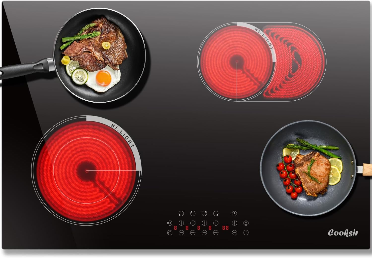 Cooksir 30 Inch Electric Cooktop 4 Burner - Built-in Electric Stovetop 30" 6600W, Radiant Ceramic Stove with Oval Zone, Dual Zone, Glass Metal Frame, Safety Lock, Timer, 220-240V Hard Wired (No Plug)
