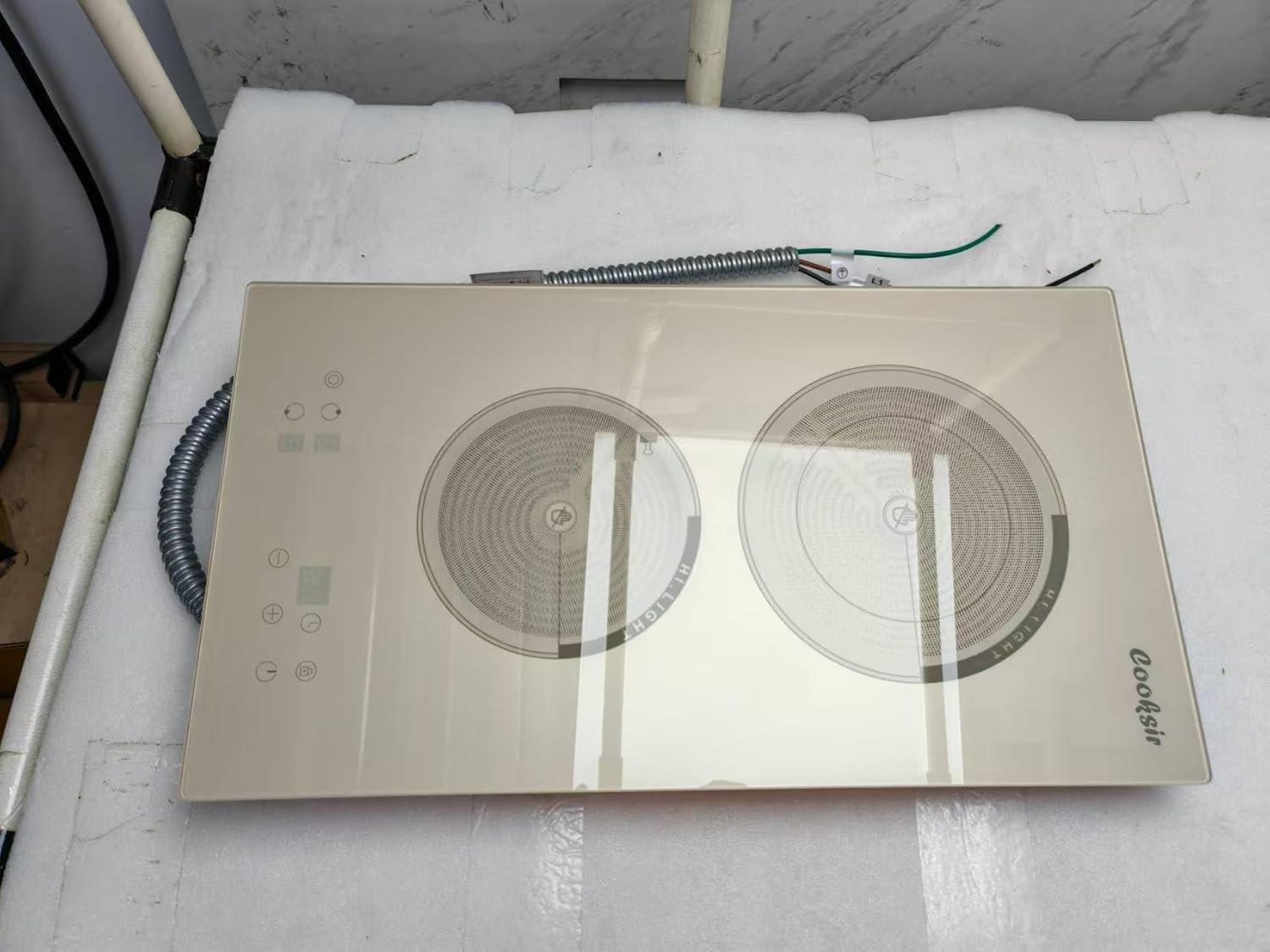 Cooksir 2 Burner Electric Cooktop - 3200W Built-in 12 Inch Electric Stove White, 220V Two Burner Ceramic Cook Top with Safety Lock, 99-Min Timer, Sensor Touch, 220-240V Hard Wired, Beige (No Plug)