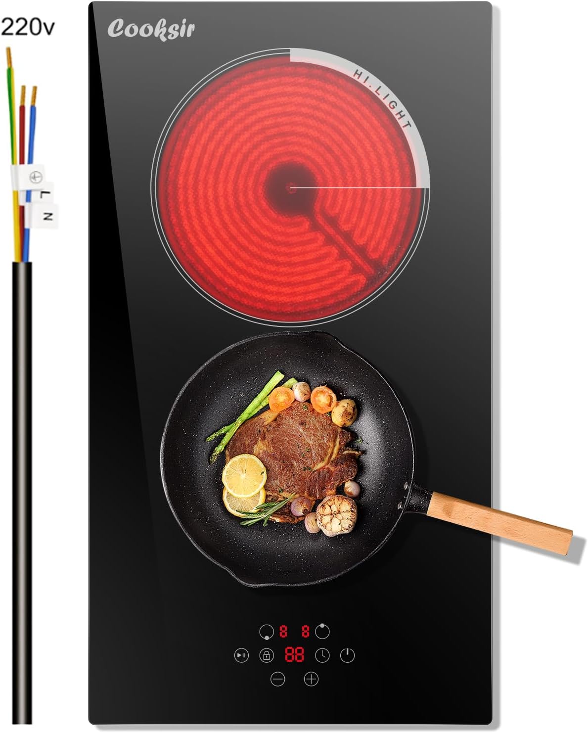 Cooksir 2 Burner Electric Cooktop, 12 inch Electric Stove Top 3000W, Double Burners Ceramic Cook Top with 9 Power Levels, Safety Lock, Timer, Sensor Touch Control, 220-240V Hard Wired (No Plug)