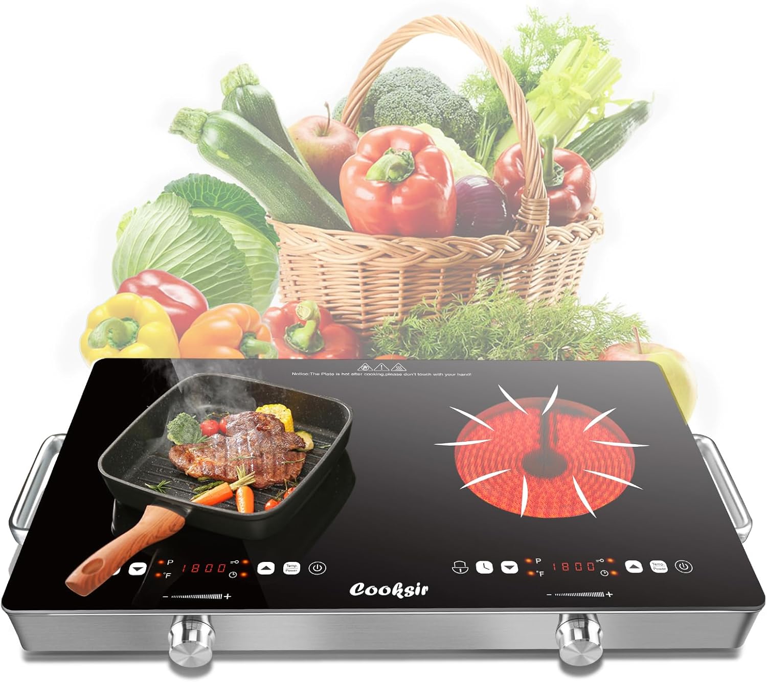 Cooksir 2 Burner Electric Cooktop - 24 Inch Portable Electric Stove Top 110V, 2000W Countertop Double Burner Ceramic Cooktop with LCD Control Panel, Child Lock, Timer, Knob Control with Outlet Plug