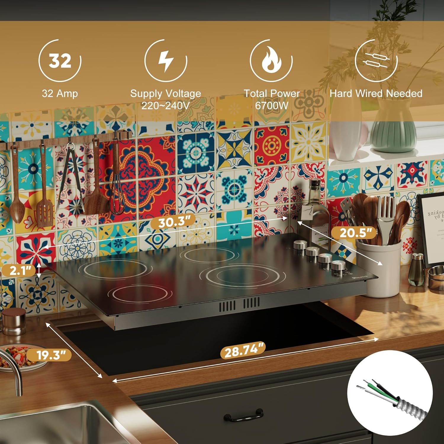 Disaenvir 30 Inch Electric Cooktop 4 Burner - Built-in Ceramic Stove Top 6700W, 30" Radiant Electric Cook Top with Timer, Safety Lock, Pause, Dual Ring, 220V - 240V Hard Wired, No Plug (Silver Knob)
