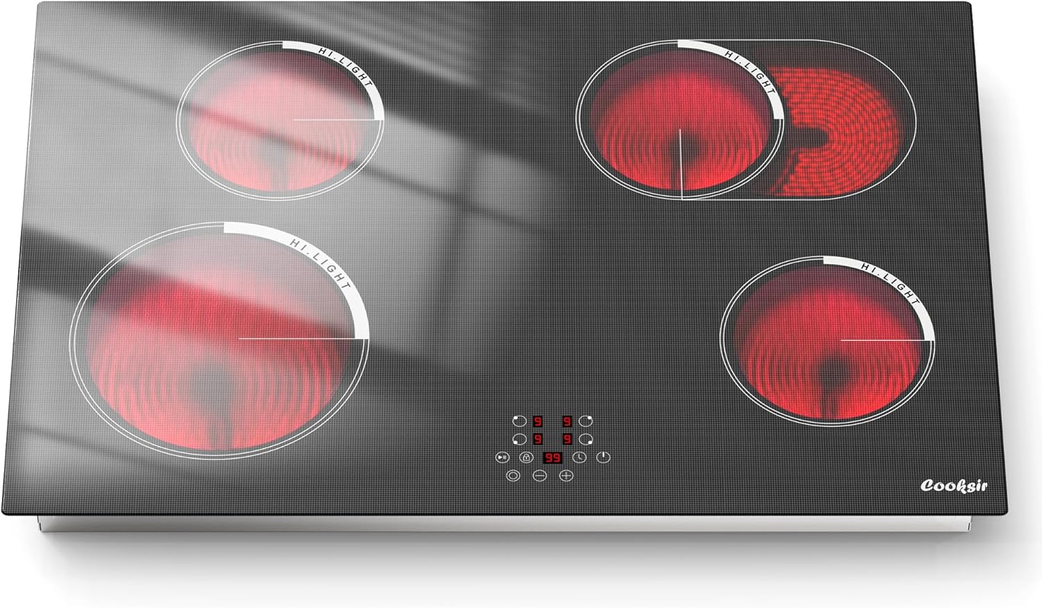 Cooksir 30 Inch Electric Cooktop 4 Burner - Built-in Electric Stove 30" 6700W, Radiant Ceramic Stove Expanded Zone, Glass Metal Frame, Safety Lock, Timer, 220-240V Hard Wired, Black Grain (No Plug)