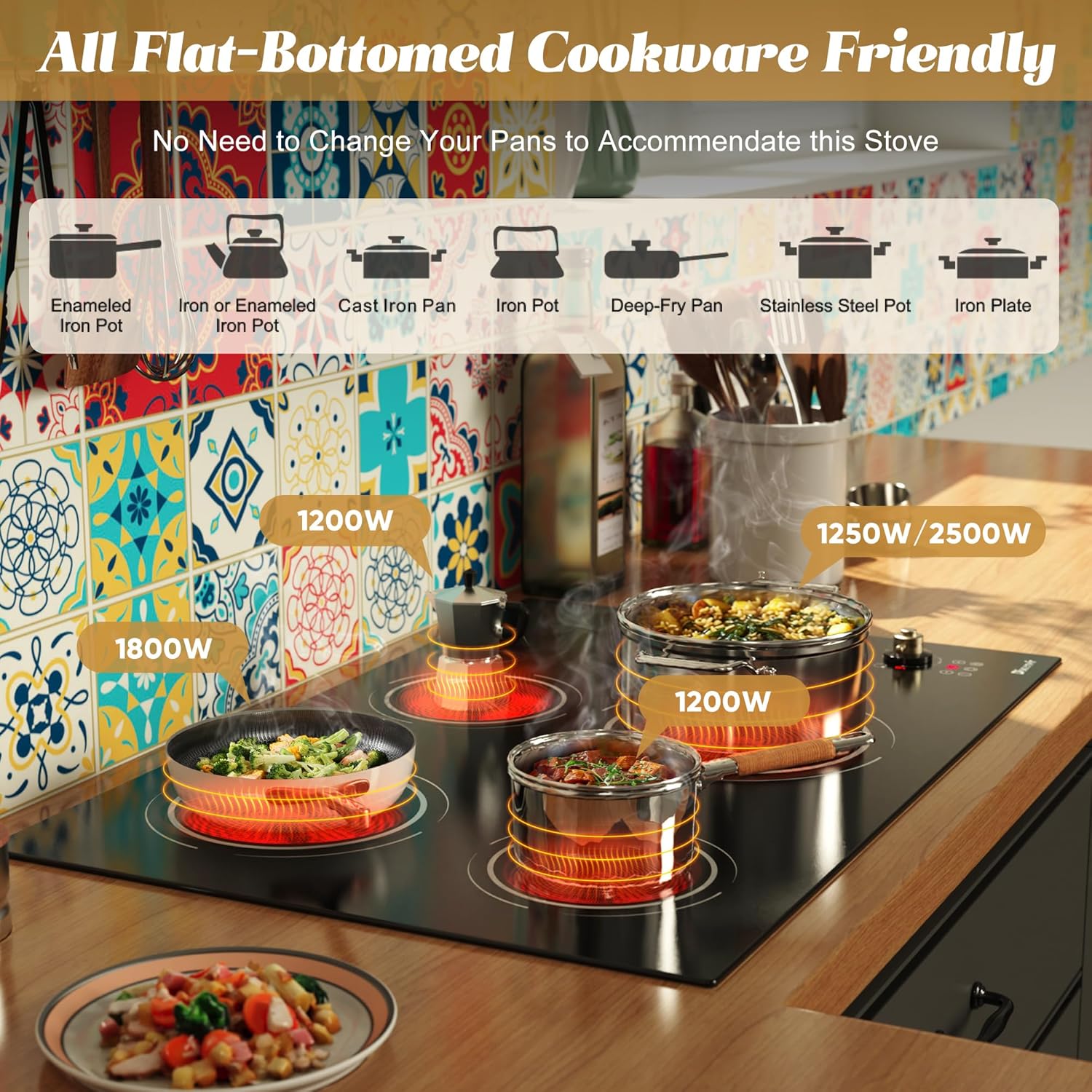 Disaenvir 30 Inch Electric Cooktop - 4 Burner Electric Stove 6700W Built-in, 30" Radiant Ceramic Cook Top Konb & Touch Control, 99-Min Timer, Safety Lock, 220V - 240V Hard Wired, No Plug (Retro Knob)