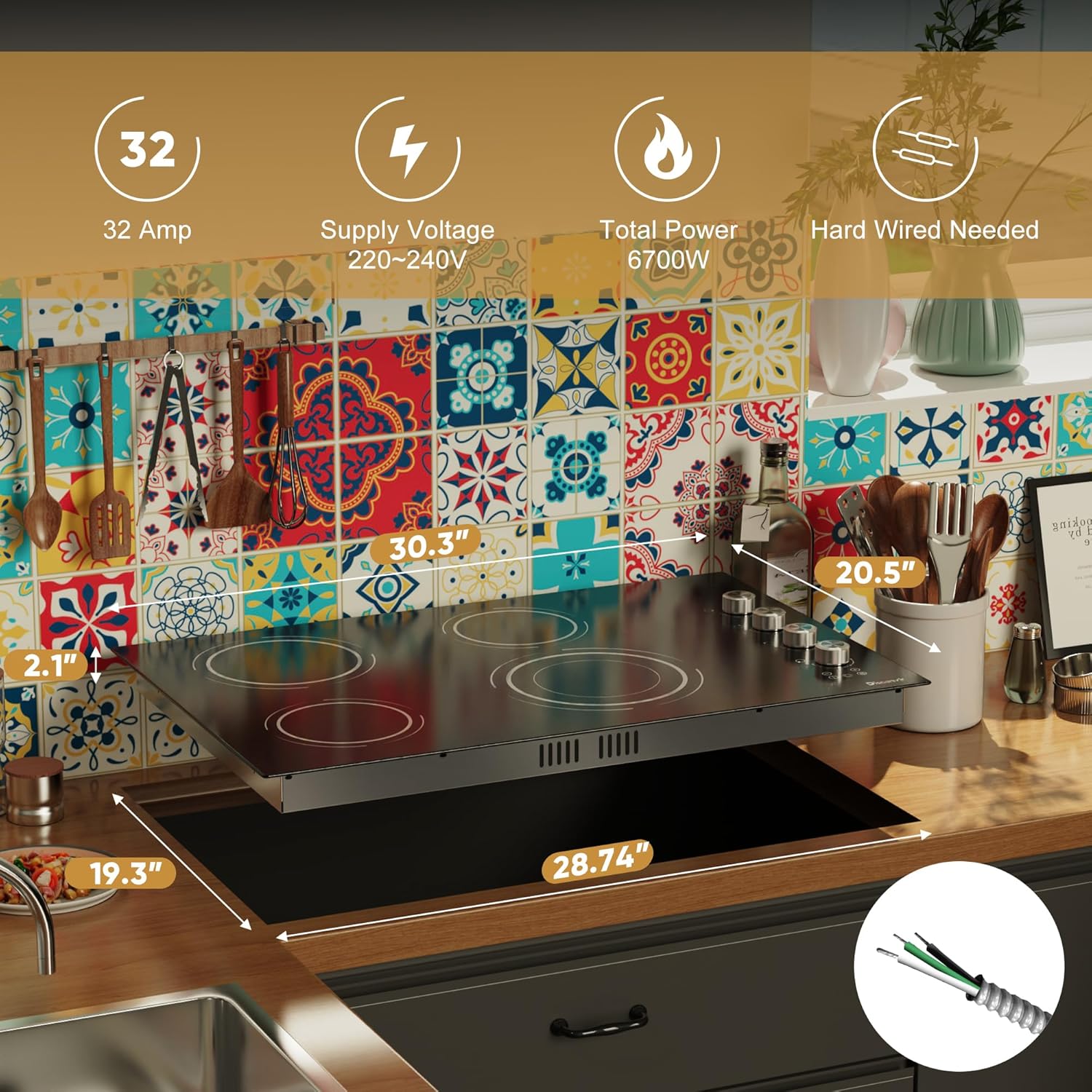 Disaenvir 30 Inch Electric Cooktop 4 Burner - Built-in Ceramic Stovetop 6700W, 30" Glass Electric Cook Top with Timer, Safety Lock, Pause, Dual Ring, 220V - 240V Hard Wire, No Plug (Black-Sliver Knob)