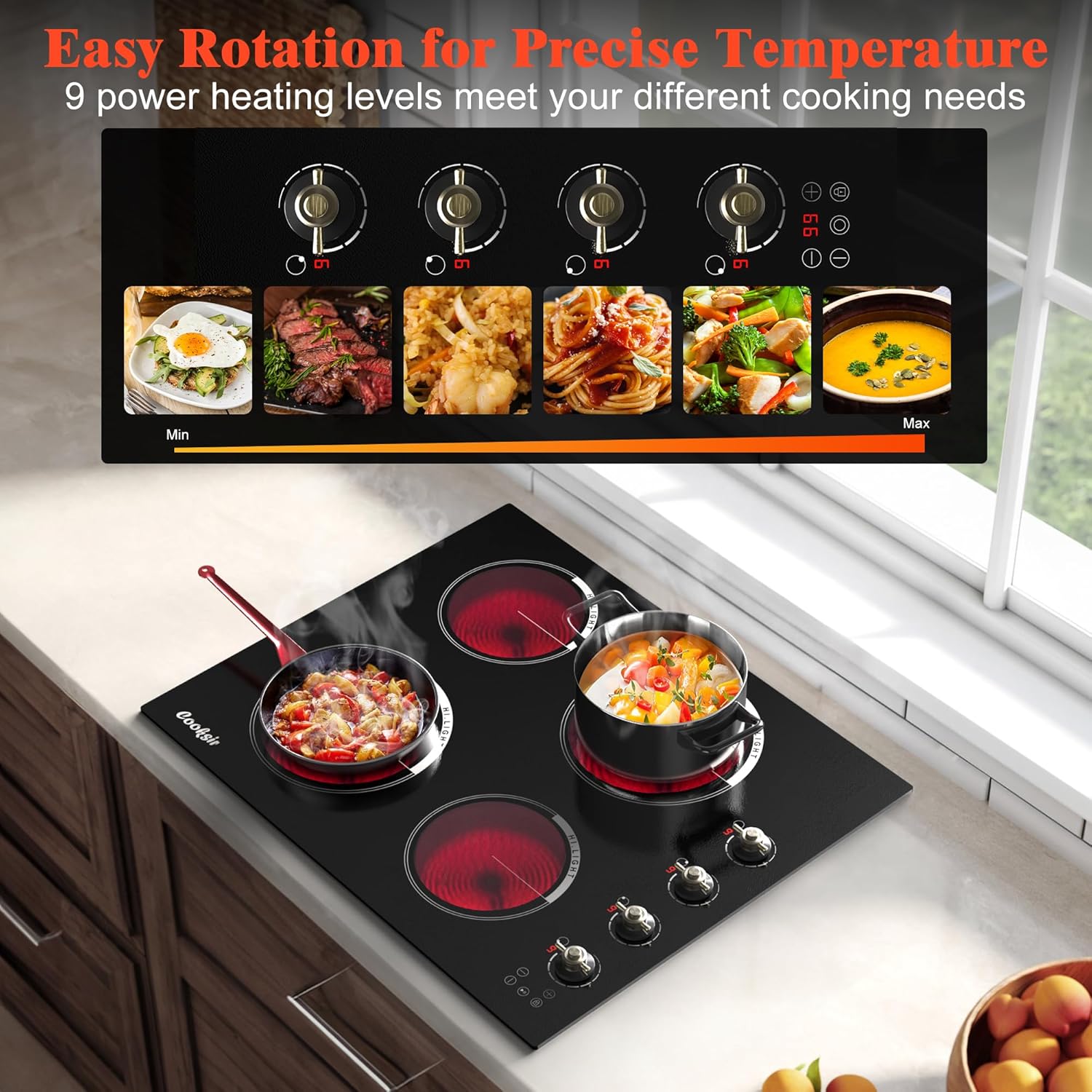 Cooksir 24 Inch Electric Cooktop - 4 Burner Built-in Glass Ceramic Stovetop 6000W, 220-240V Electric Stove Touch and Knob Control, Safety Lock, Pause, 99 Min Timer, 240V Hard Wire(No Plug)