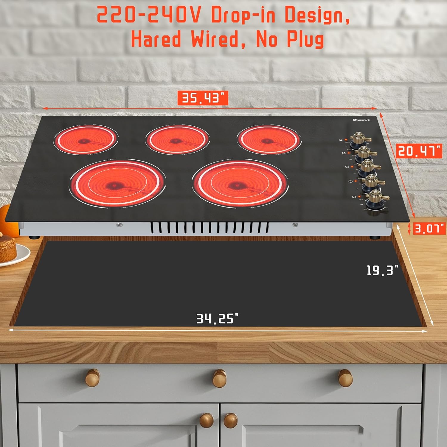Disaenvir Electric Cooktop 36 Inch - 5 Burner Electric Stove Top with 8400W, 36 Inches Built-in Ceramic Stove with Two Dual Rings, Overheat Indicator, Knob Control, 220V - 240V Hard Wired (No Plug)