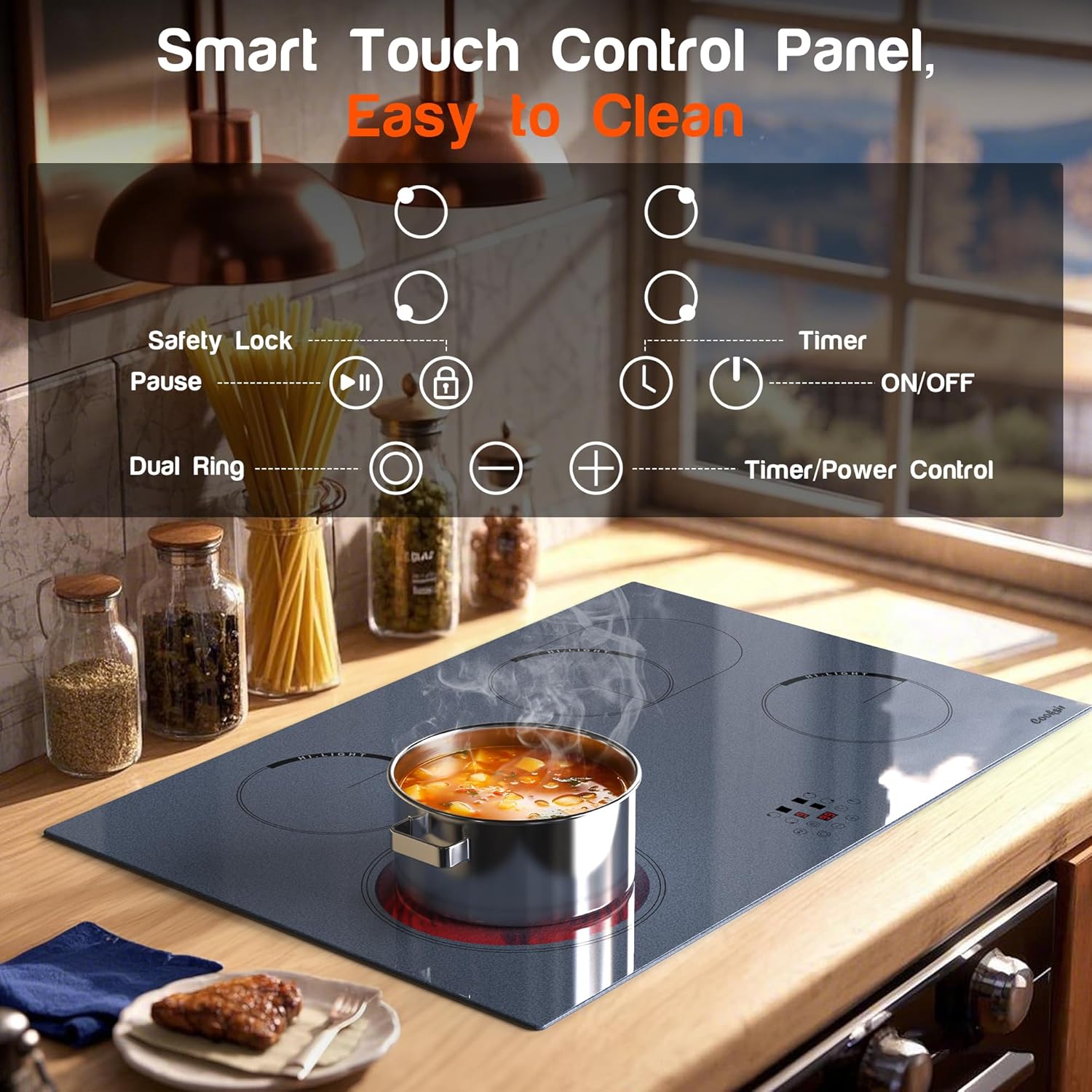 Cooksir 30 Inch Electric Cooktop - 4 Burner Built-in Electric Stove 6700W 30", Radiant Ceramic Stove with Expanded Zone, Metal Frame, Safety Lock, Timer, 220-240V Hard Wired, Satin Grey (No Plug)