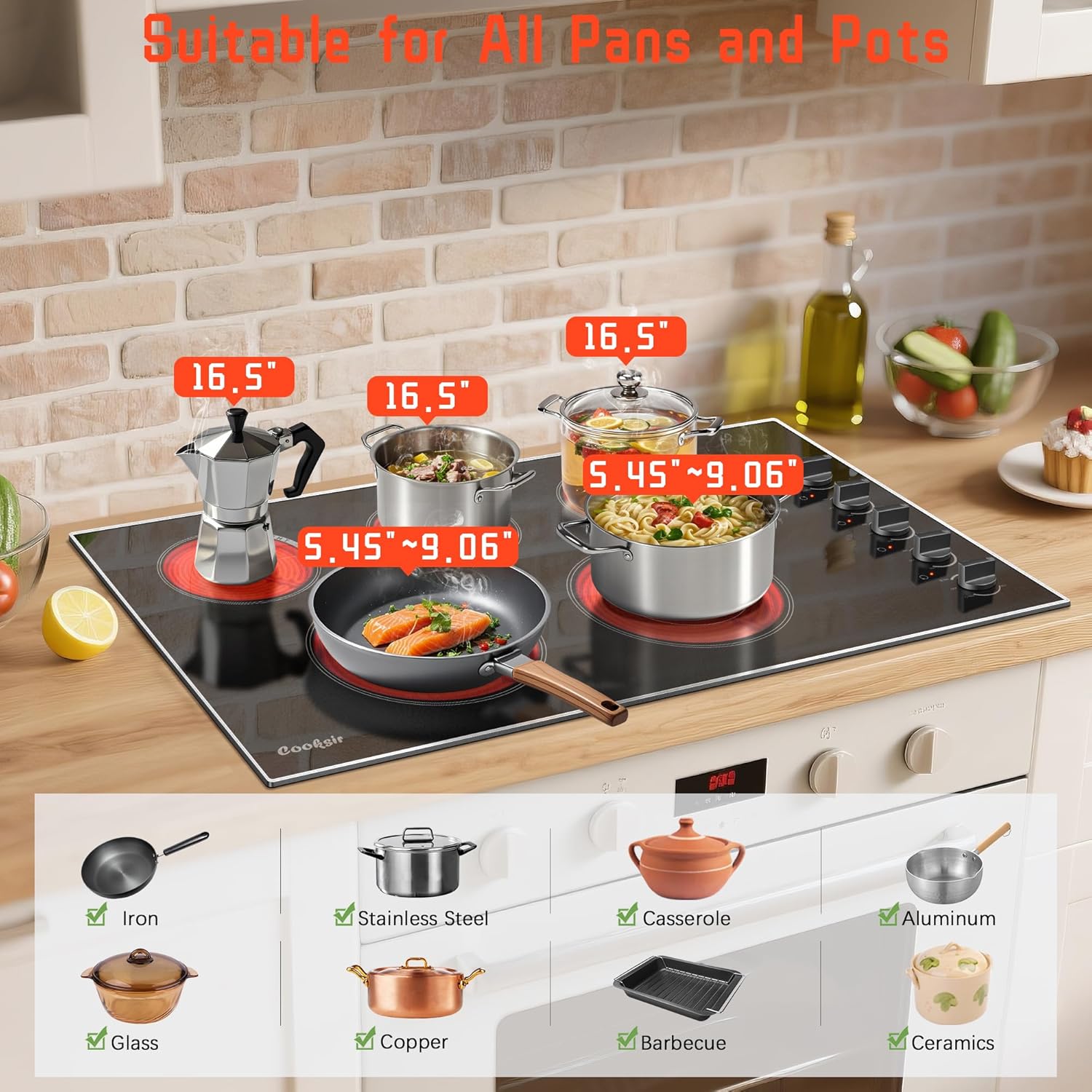 Cooksir 36 Inch Electric Cooktop - 5 Burner Electric Stove with 8400W High Power, 36" Large Built-in 5 Zones Radiant Ceramic Stove Knob Control, Residual Heat Indicator, 220-240V Hard Wired (No Plug)
