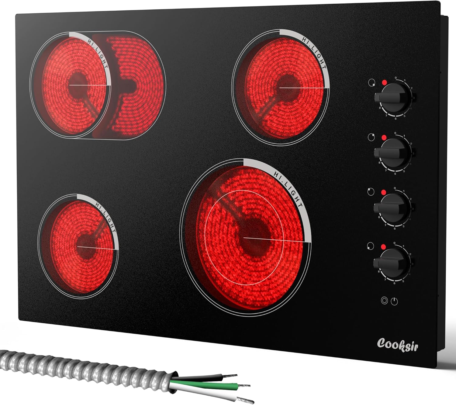 Cooksir Electric Cooktop 30 Inch - 4 Burner Built-in Glass Ceramic Stovetop 6700W, 30 Inches Electric Cooktop with Oval & Expanded Ring, Knob Control, Overheat Protection, 220V-240V Hard Wire(No Plug)