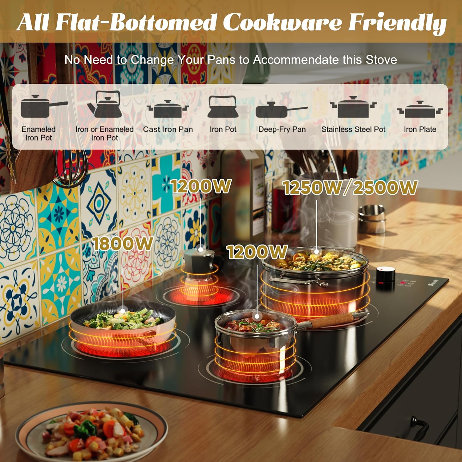 Disaenvir 30 Inch Electric Cooktop 4 Burner - Built-in Ceramic Stove Top 6700W, 30" Radiant Electric Cook Top with Timer, Safety Lock, Pause, Dual Ring, 220V - 240V Hard Wired, No Plug (White Knob)