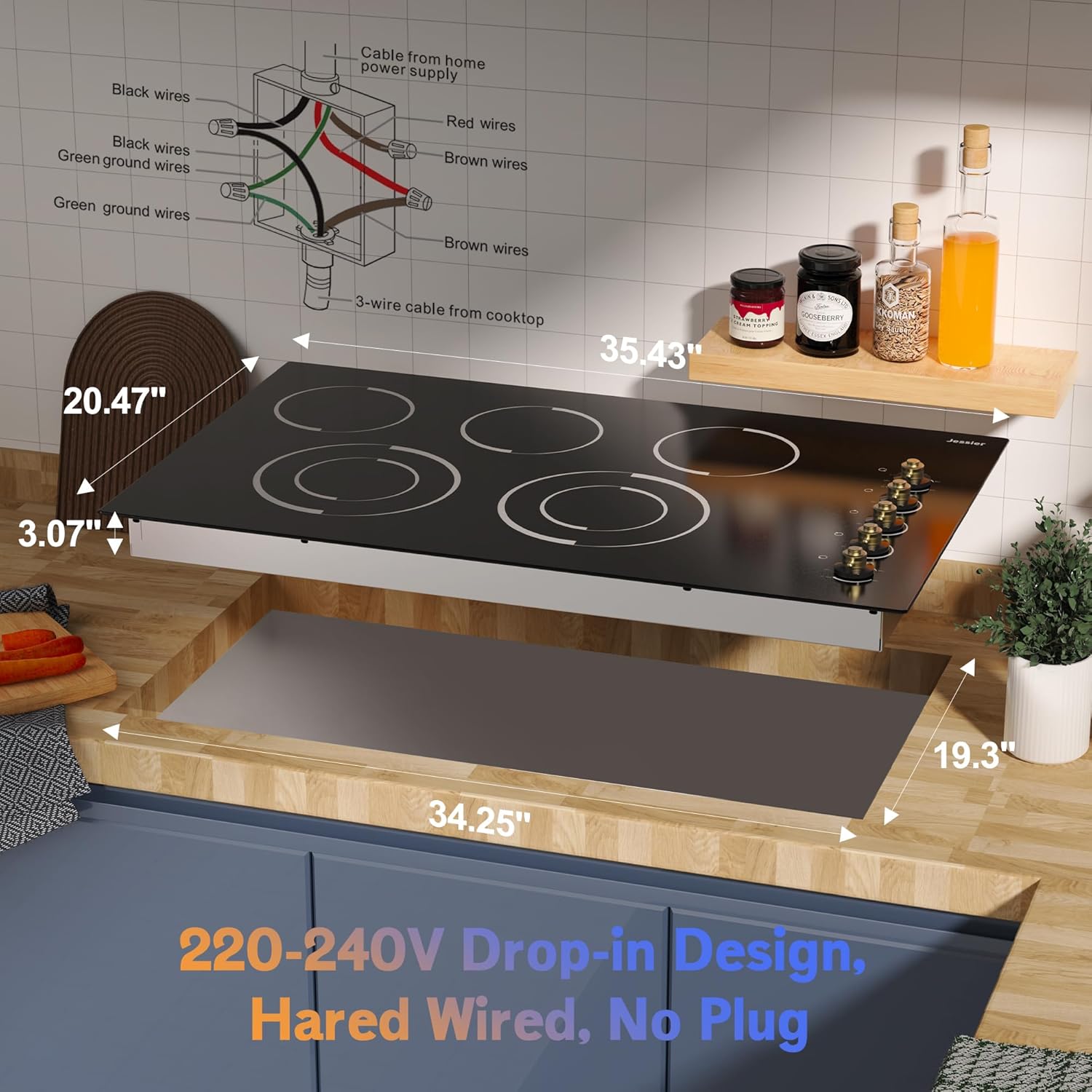 Jessier 36 Inch Electric Cooktop - Drop-in 5 Burner Electric Stove Top 8400W High Power, 36" Ceramic Cooktop Stove with Knob Touch, Dual Ring, Overheat Protection, 220-240V Hard Wired (No Plug)