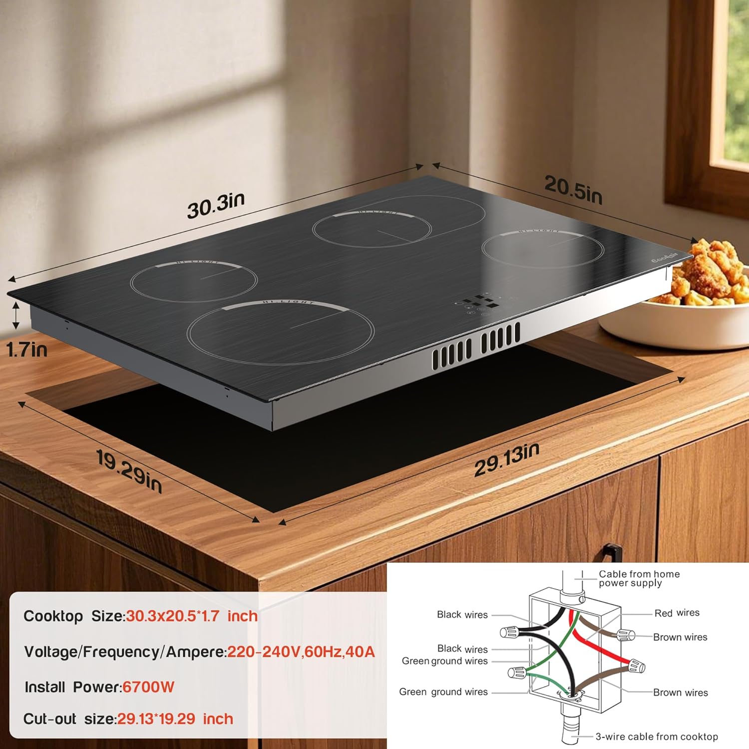 Cooksir 30 Inch Electric Cooktop 4 Burner - Built-in Electric Stovetop 30" 6700W, Radiant Stove with Expanded Zone, Metal Frame, Safety Lock, Timer, 220-240V Hard Wired, Brushed Black (No Plug)