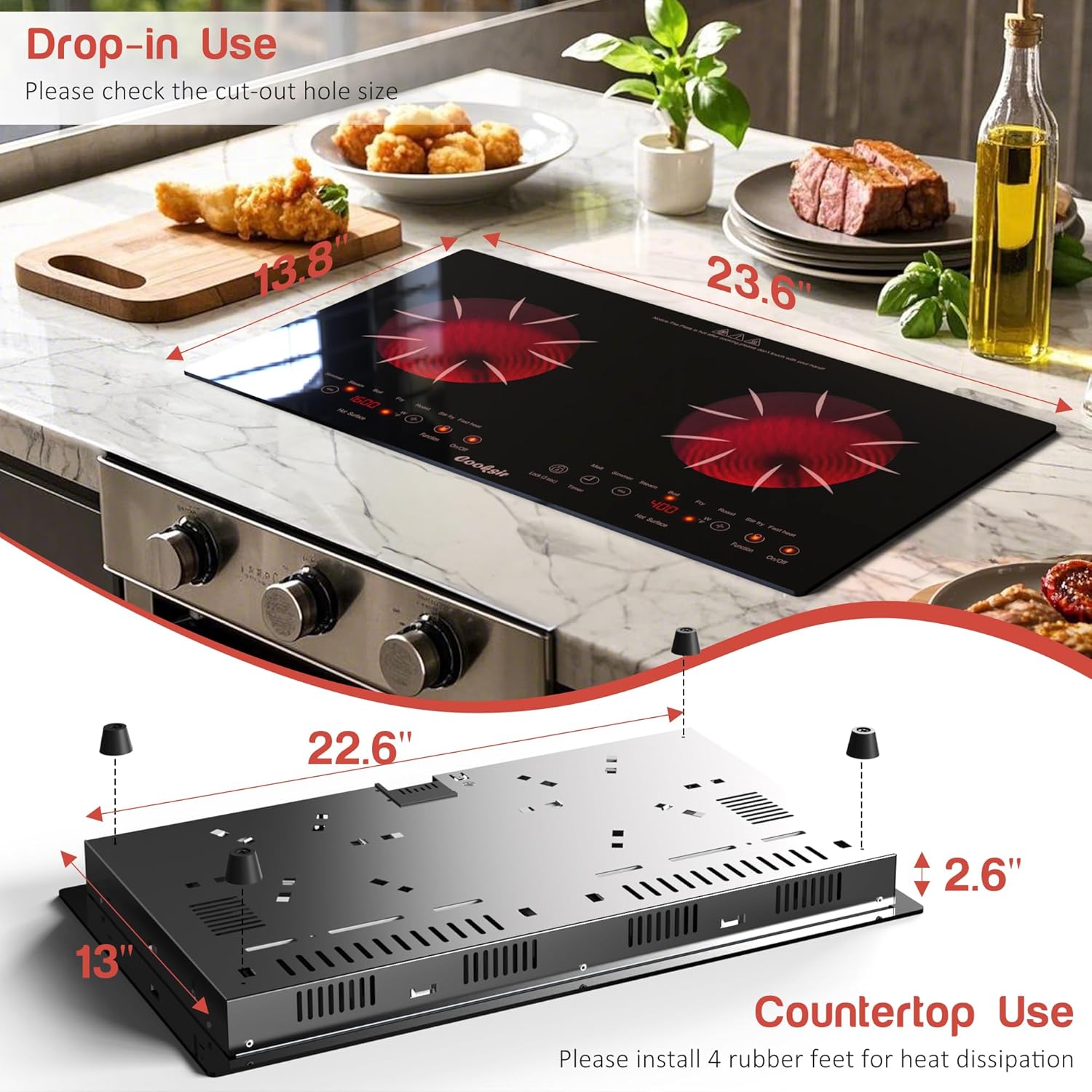 Cooksir 2 Burner Electric Cooktop - 24 Inch Built-in & Countertop Electric Stovetop, 110V-120V Double Burner Ceramic Cook Top Portable with Safety Lock, Timer, Sensor Touch Control, Plug in (Orange)
