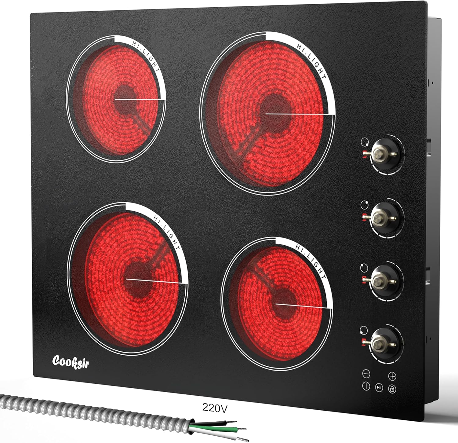 Cooksir 24 Inch Electric Cooktop - 4 Burner Built-in Glass Ceramic Stovetop 6000W, 220-240V Electric Stove Touch and Knob Control, Safety Lock, Pause, 99 Min Timer, 240V Hard Wire(No Plug)