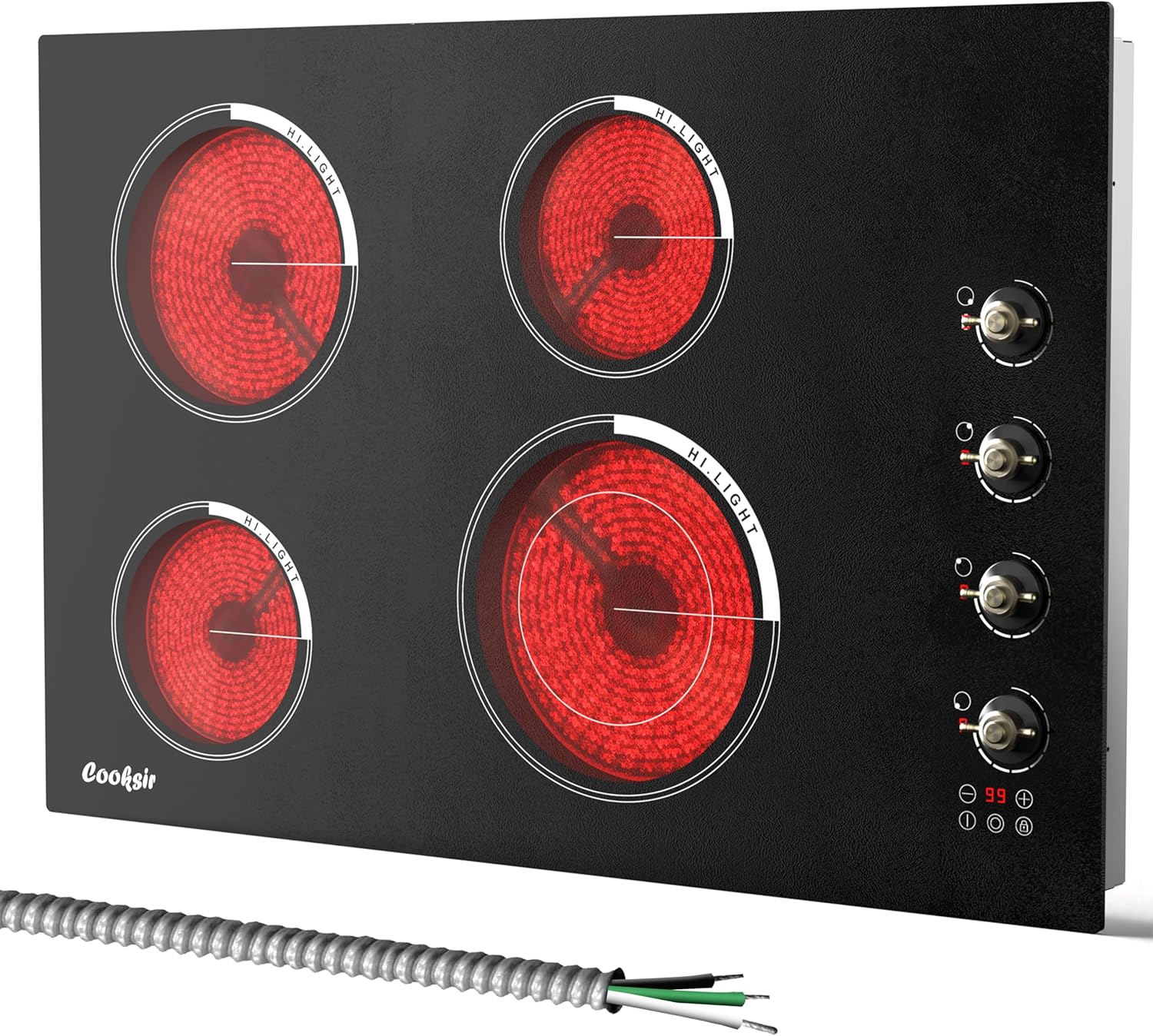 Cooksir 30 Inch Electric Cooktop - 4 Burner Built-in Glass Ceramic Stove Top 6700W, 240V Electric Cooktop Touch and Knob Control, Child Lock, Dual Ring, 99 Mins Timer, 220V Hard Wire(No Plug)