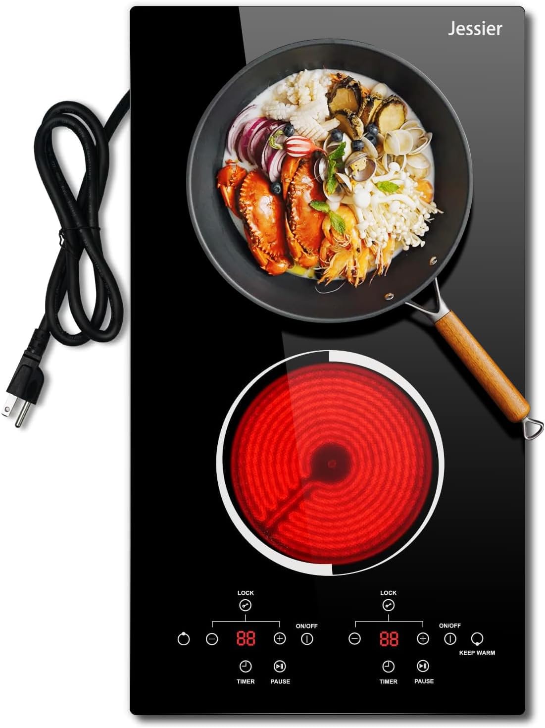 Jessier 12 Inch Electric Cooktop - 2 Burner Countertop & Built-in Electric Stove Top, 120V Plug in Electrical Cook Top, Timer, Safety Lock, Over-Temperature Protection, Sensor Touch Control